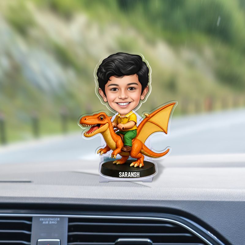 Personalized Boy on Dragon Bobblehead Caricature Standee Birthday Gift for Kids, Boys, Tabletop Desk Decor Battery Powered Moving Head Kids Room Decor